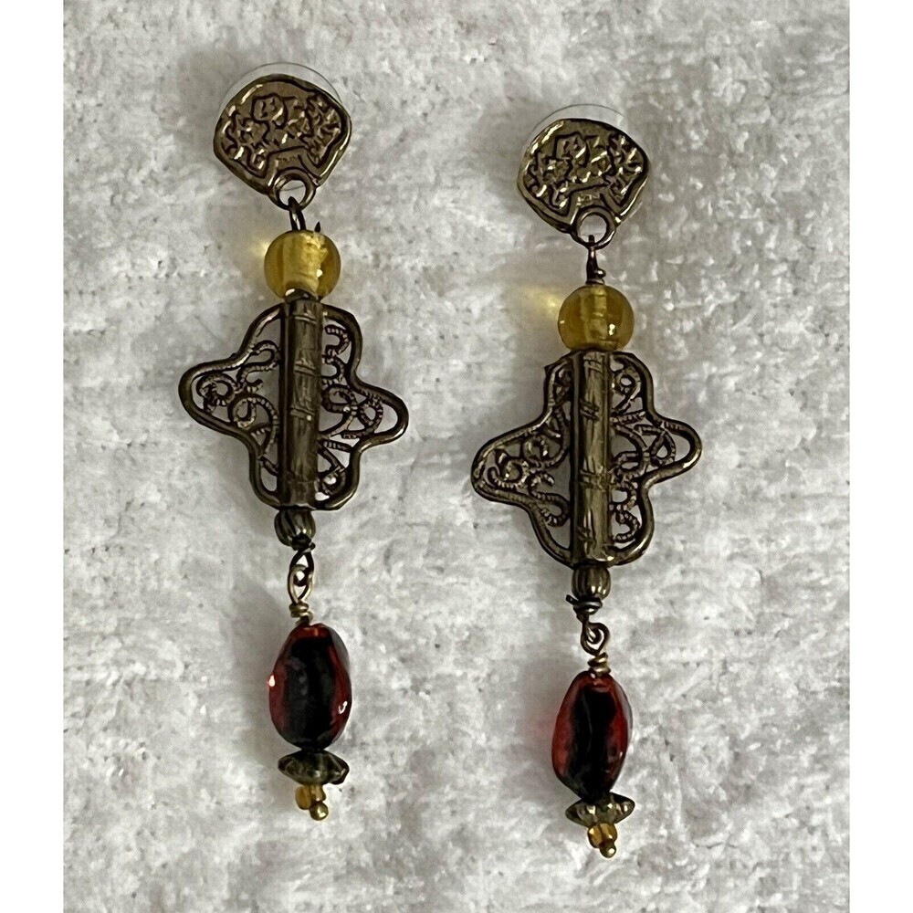 1-Pair Vintage Metal Glass Bead Drop Earrings - Women Antique Gold